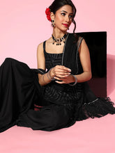 Women's Black Net Glitter Print Short Sharara Set With Dupatta-AHKUDUSH-COMBO-432-FF